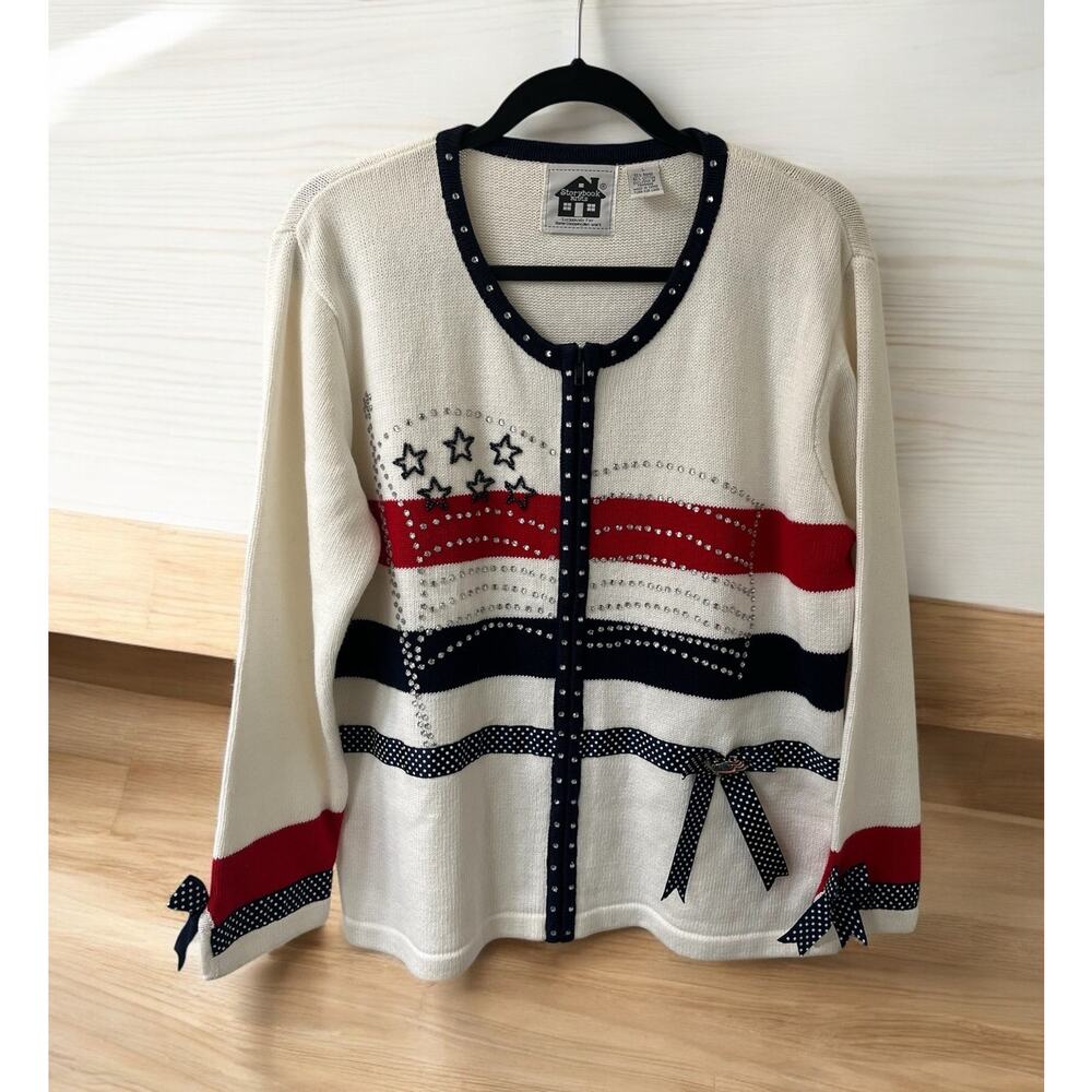 Storybook Knits American Flag Zip Cardigan‎ Sweater Size L Bedazzled Patriotic